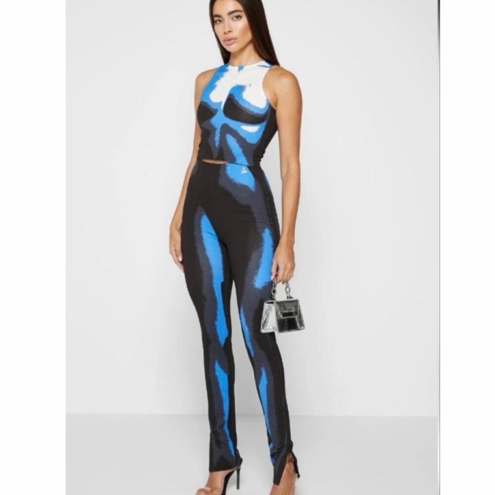 Manière De Voir Abstract Print Crop Top & Pants Set Blue Black Size 2/4
